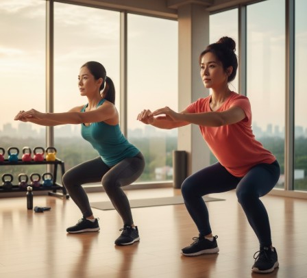 40대 여성 2명이 맨몸 스쾃을 하고 있다