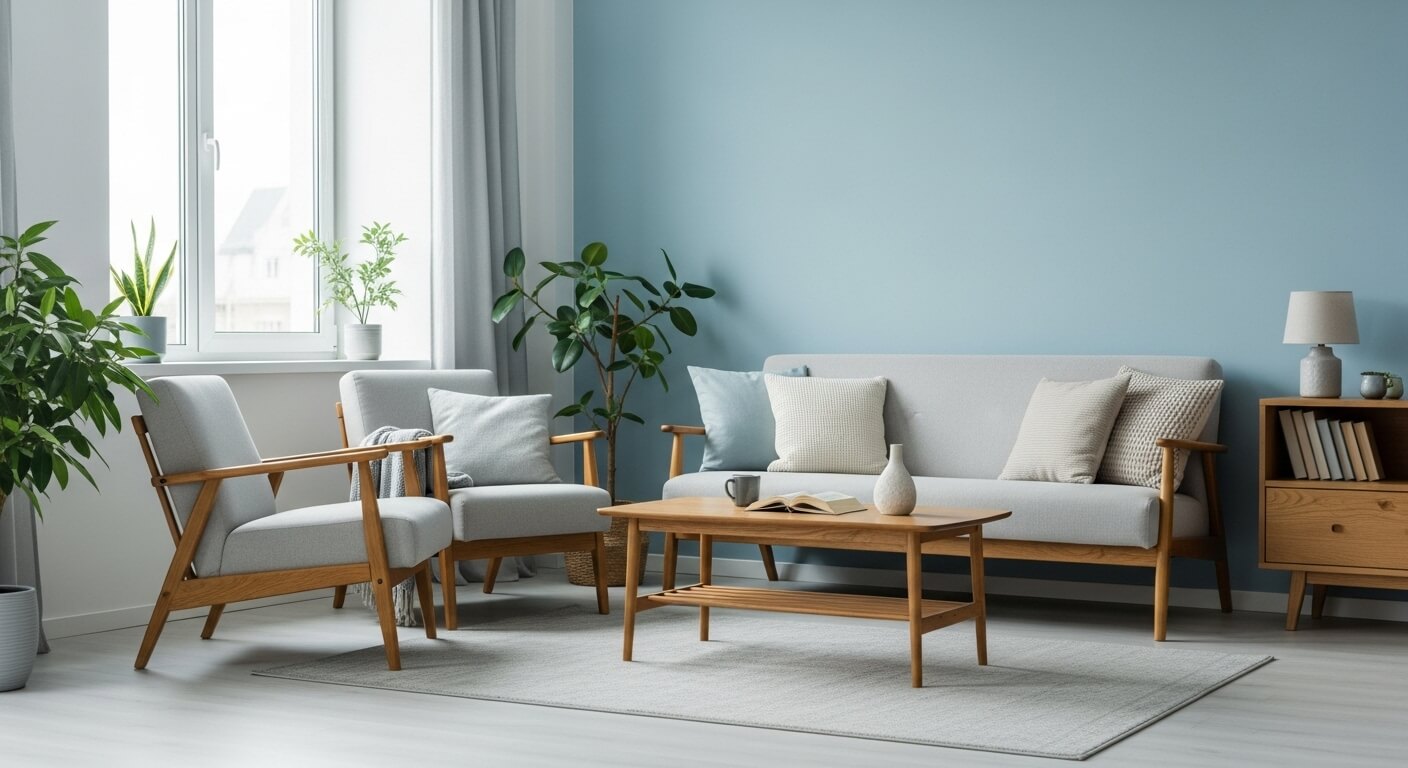 푸른색과 회색 톤으로 꾸며진 밝고 미니멀한 신혼집 거실 풍경. 건강한 식물과 자연 소재 가구가 조화롭게 배치되어 친환경적인 아름다움을 선사합니다.
