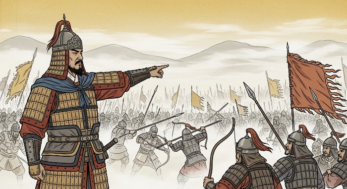 고구려 병마도원수 강이식 장군이 갑옷을 입고 당당하게 지휘하는 역사적인 기록화 스타일의 삽화