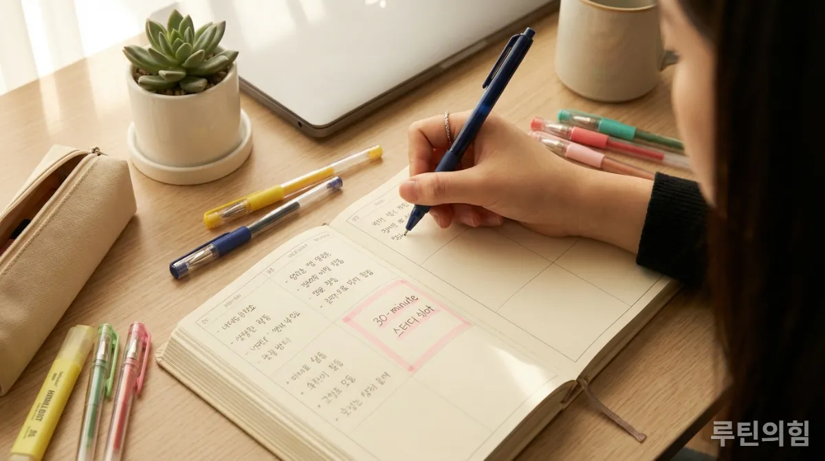 깔끔하게 정리된 플래너에 공부 루틴을 작성하는 손