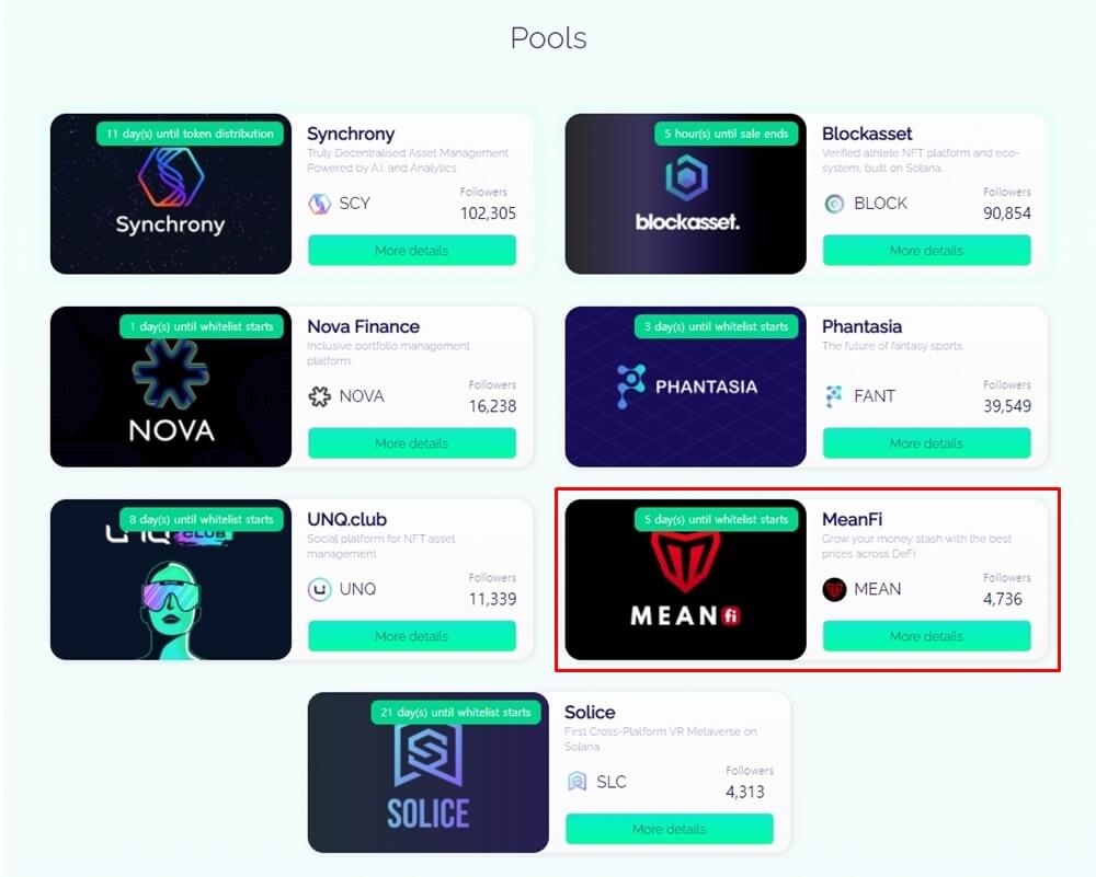 솔라니움의 토큰 IDO 목록들을 볼 수 있음