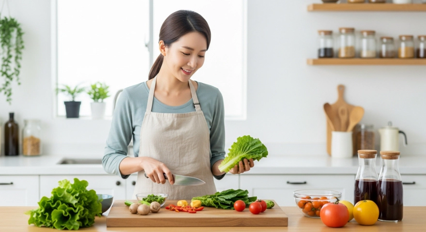 위 건강을 위한 식단을 준비하는 한국인 여성