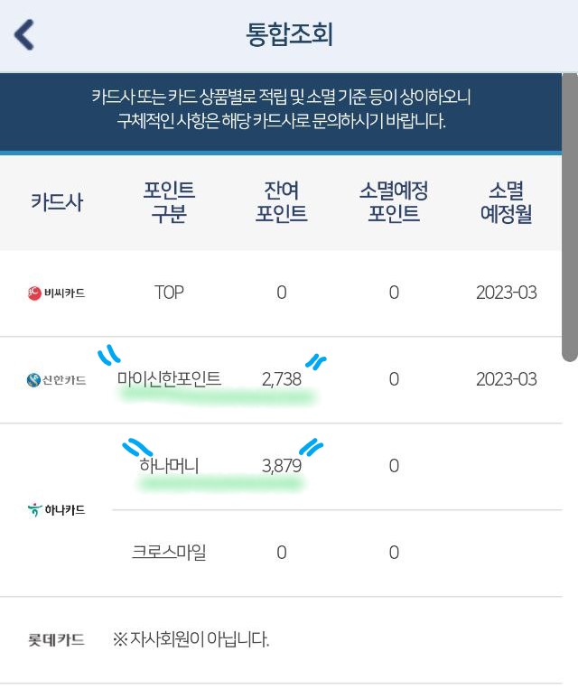 카드포인트 통합 조회 결과
