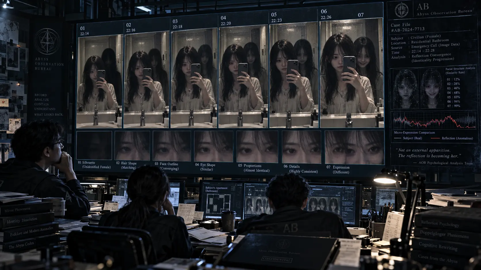A sequence of mirror photographs shows Bloody Mary's face gradually becoming more similar to the caller until the final image is almost identical.