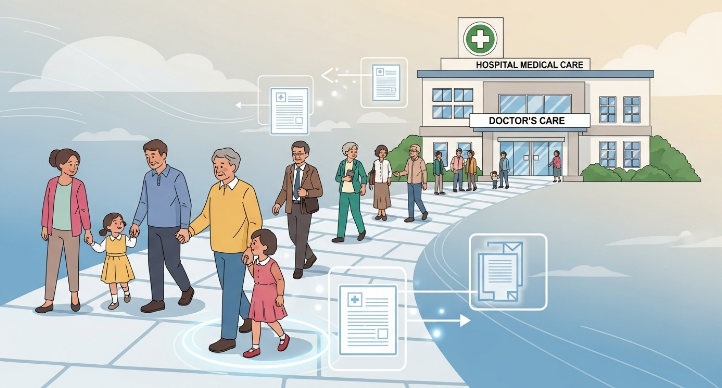 복잡한 서류 없이 병원으로 향하는 사람들이 그려진, 의료 접근성 향상을 상징하는 밝고 단순화된 일러스트