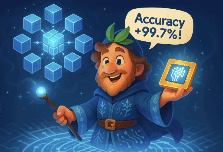 파란 망토를 입은 픽사풍 마법사 캐릭터가 양자 칩을 들고 &ldquo;Accuracy +99.7%!&rdquo;라고 외치며 웃고 있다. 배경에는 큐브들이 연결된 구조가 떠 있으며, 이는 Willow 칩의 오류 정정 능력과 일관성을 상징한다. (Pixar-style wizard character holding a quantum chip with glowing text "Accuracy +99.7%", representing Willow chip's quantum error correction capability.)