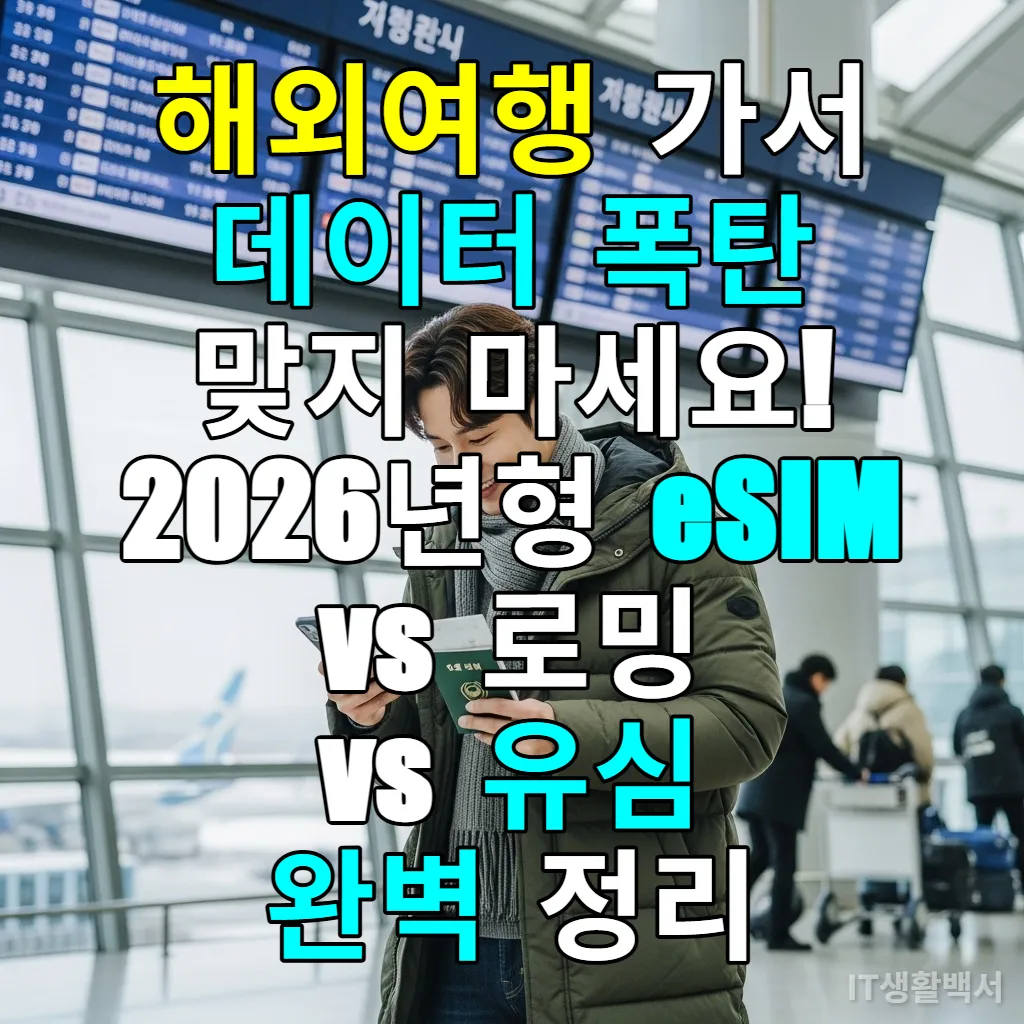 인천공항에서 스마트폰으로 데이터 로밍을 확인하며 여행을 준비하는 한국인 여행객의 모습