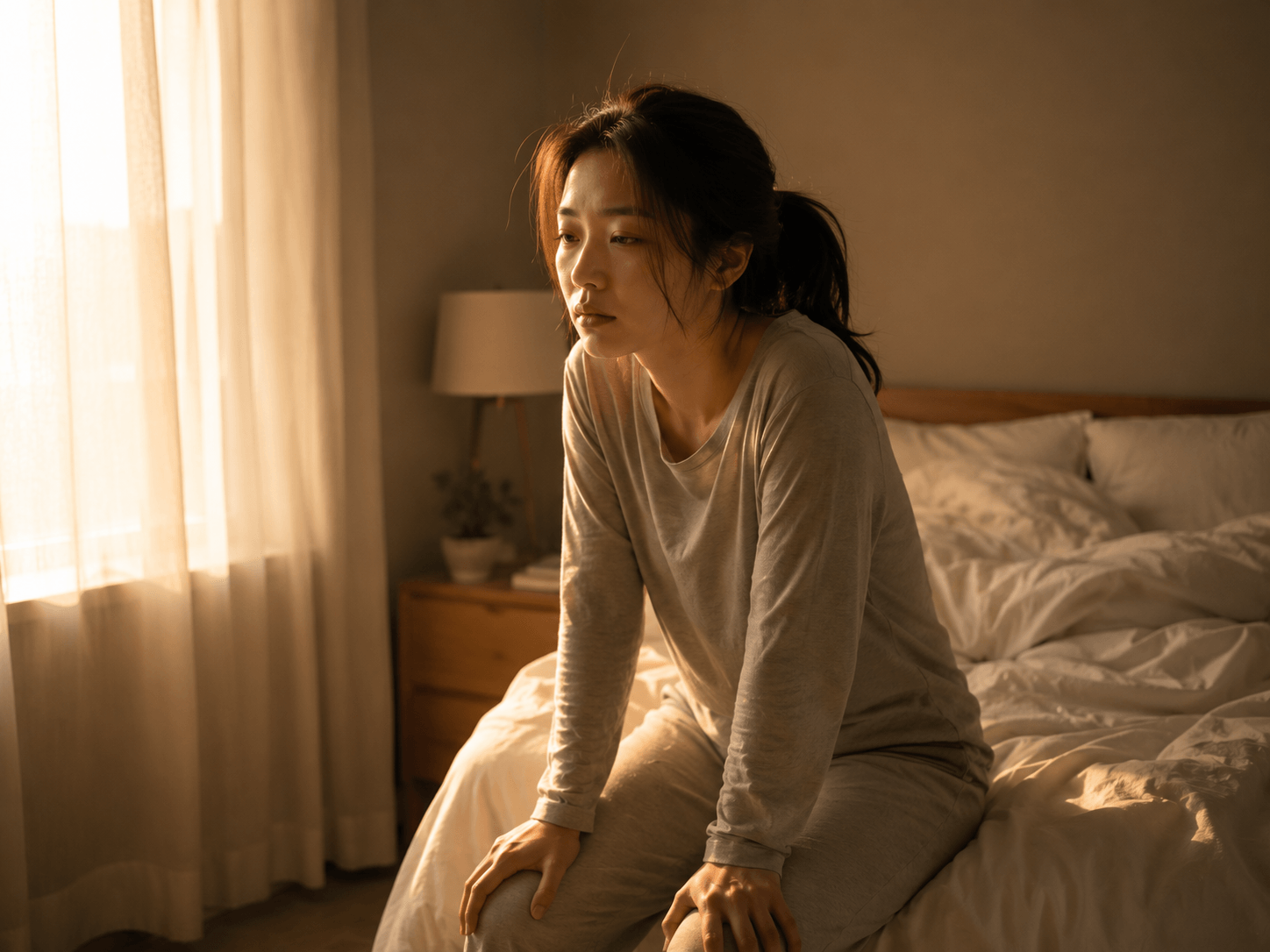 8시간 자도 피곤한 만성피로 증상을 겪는 여성이 아침에 침대 가장자리에 앉아 무기력하게 눈을 뜨는 모습