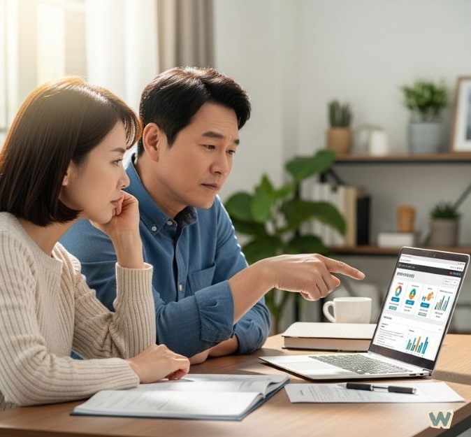 젊은 부부가 거실에서 노트북을 보며 4세대 실비보험 전환을 위해 보험 상품을 비교 검토하고 있는 모습 via Gemini