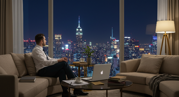 럭셔리한 거실에서 도시 야경을 바라보며 미소 짓는 젊은 사업가. 넓은 공간, 세련된 인테리어와 고급 가구, 테이블 위에 노트북, 커피잔, 투자 서류가 놓여 있음. 경제적 자유와 부의 여유로움을 상징하는 장면