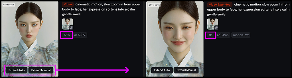 Midjourney 영상 생성에서 Extend Auto/Manual 옵션으로 길이를 확장하는 화면 예시_Midjourney