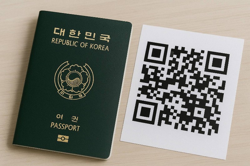 책상 위에 놓인 대한민국 여권과 흰 종이에 인쇄된 QR코드를 함께 촬영한 실사 이미지. 정부24를 통한 여권번호 조회나 디지털 행정 서비스를 시각적으로 표현함.