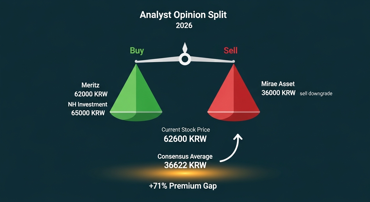 Pearl Abyss analyst opinion split 2026 dark teal background center scale balance left green camp buy Meritz 62000 KRW NH Investment 65000 KRW right red camp sell Mirae Asset 36000 KRW sell downgrade center current price 62600 KRW glowing amber consensus average 36622 KRW label below plus 71 percent premium gap arrow English labels professional