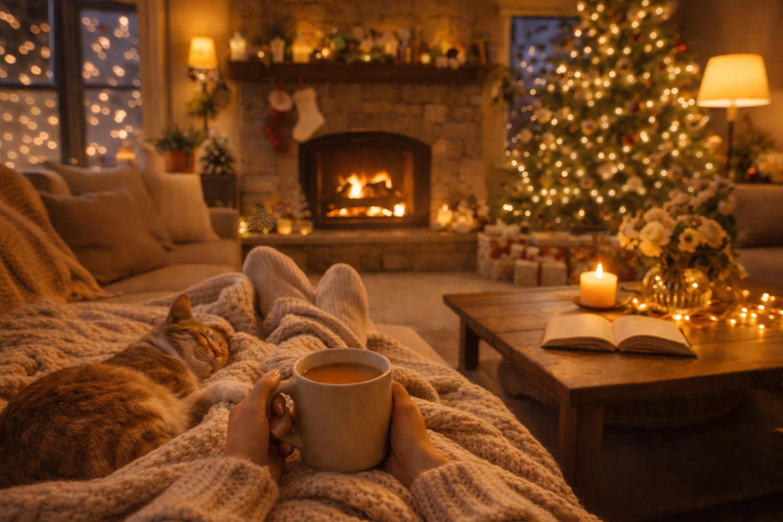 벽난로 옆 아늑한 거실에서 커피를 마시며 한 해를 돌아보는 평온한 시간
