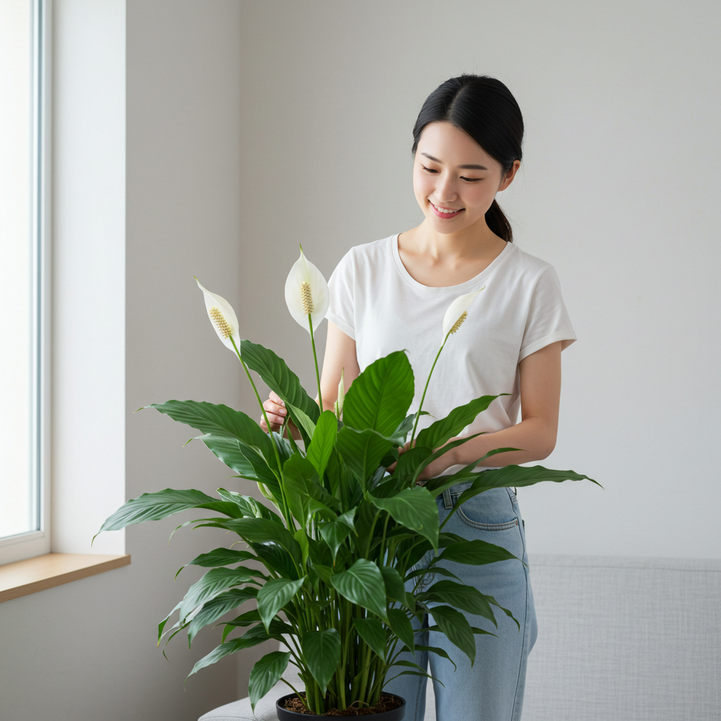 Spathiphyllum 집에서 기르고 있는 여성이 식물을 보며 흐믓해 하고 있다.