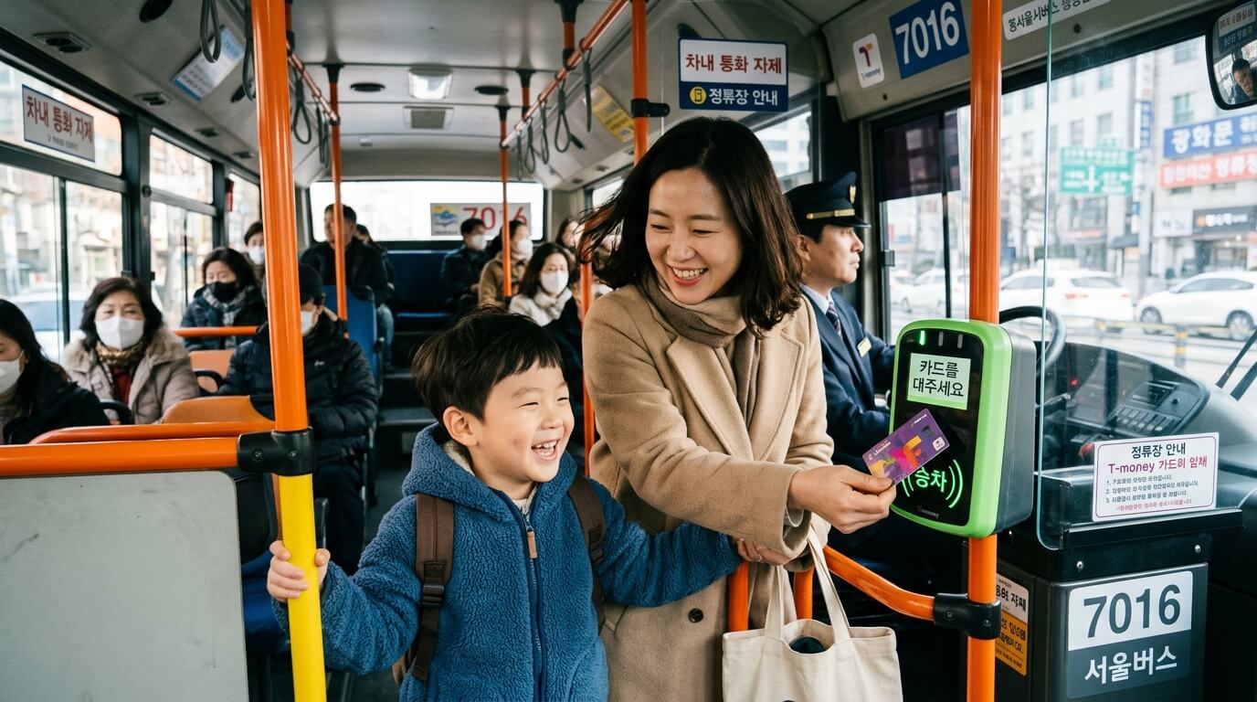 2026년 모두의 카드로 아이와 함께 대중교통 버스 단말기에 태그하는 엄마