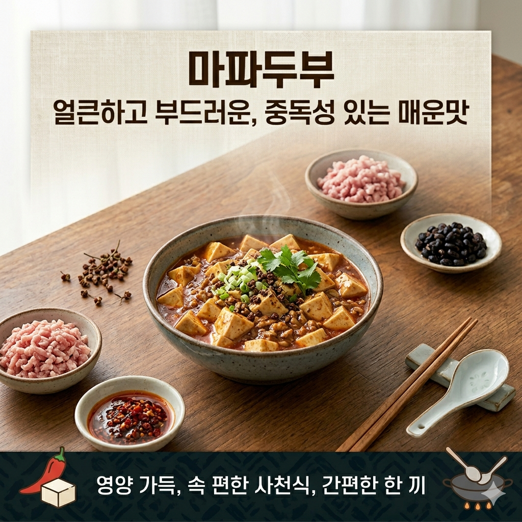 갓지은 흰 쌀밥 위에 탱글한 두부와 걸쭉한 소스가 어우러진 마파두부 덮밥 사진