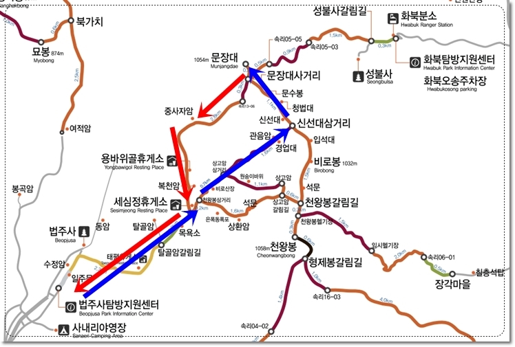 속리산 최산코스 법주사 탐방지원센터 - 관음암 - 신선대 - 문수봉 - 문장대 정상 등산코스