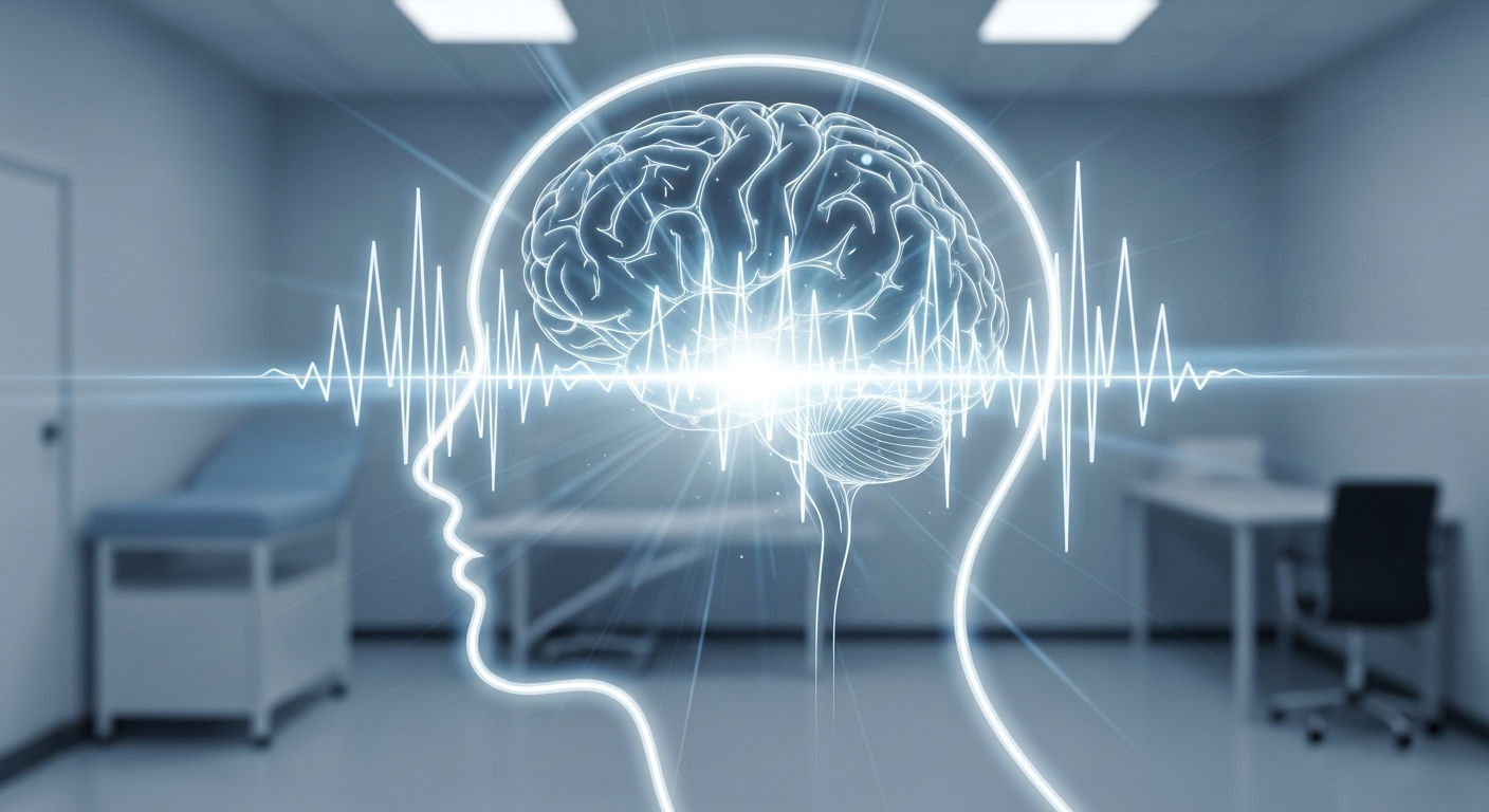 차분하고 집중된 마음으로 검사에 임하는 것을 상징하는 사람의 실루엣과 뇌파 이미지