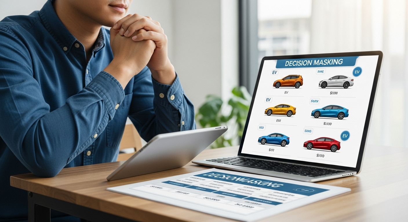 태블릿으로 전기차 모델들을 비교하며 현명한 구매를 고려하는 사람의 모습.