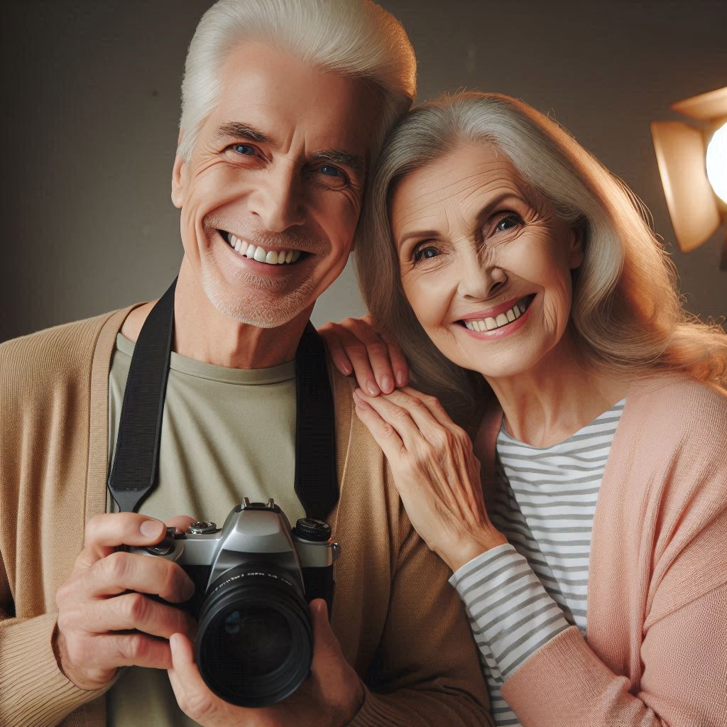 사진 촬영을 즐기는 시니어 부부의 행복한 모습