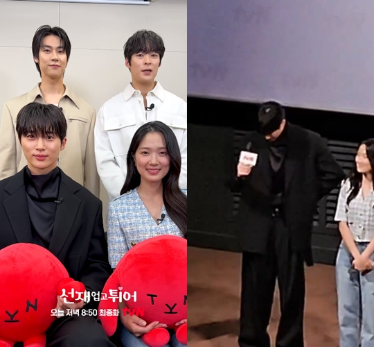 배우 변우석과 김혜윤, 이승협, 송건희가 tvN '선재 업고 튀어' 단체 관람 이벤트에 참여해 인사를 건네고 있다. [사진=tvN, SNS]