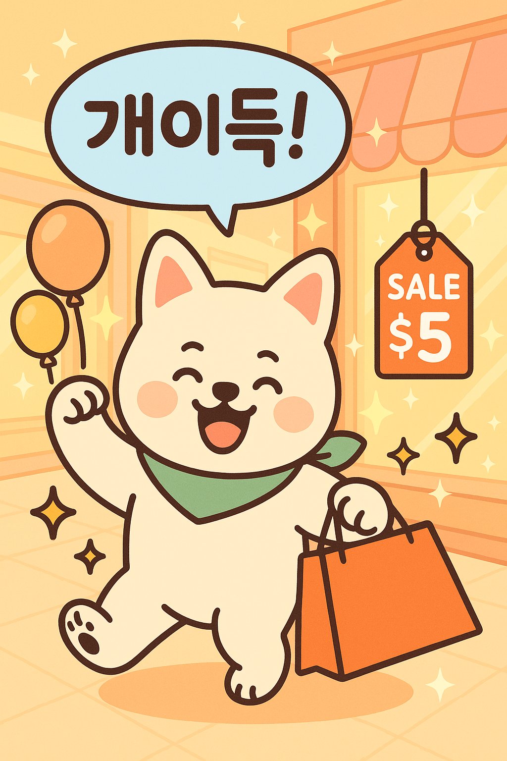 쇼핑백을 들고 활짝 웃는 흰색 시바견 캐릭터가 &quot;개이득!&quot;이라는 말풍선을 띄우며 즐겁게 걷고 있는 모습. 배경에는 세일 표시와 풍선이 함께해 뜻밖의 큰 이득을 표현한 감성 일러스트.