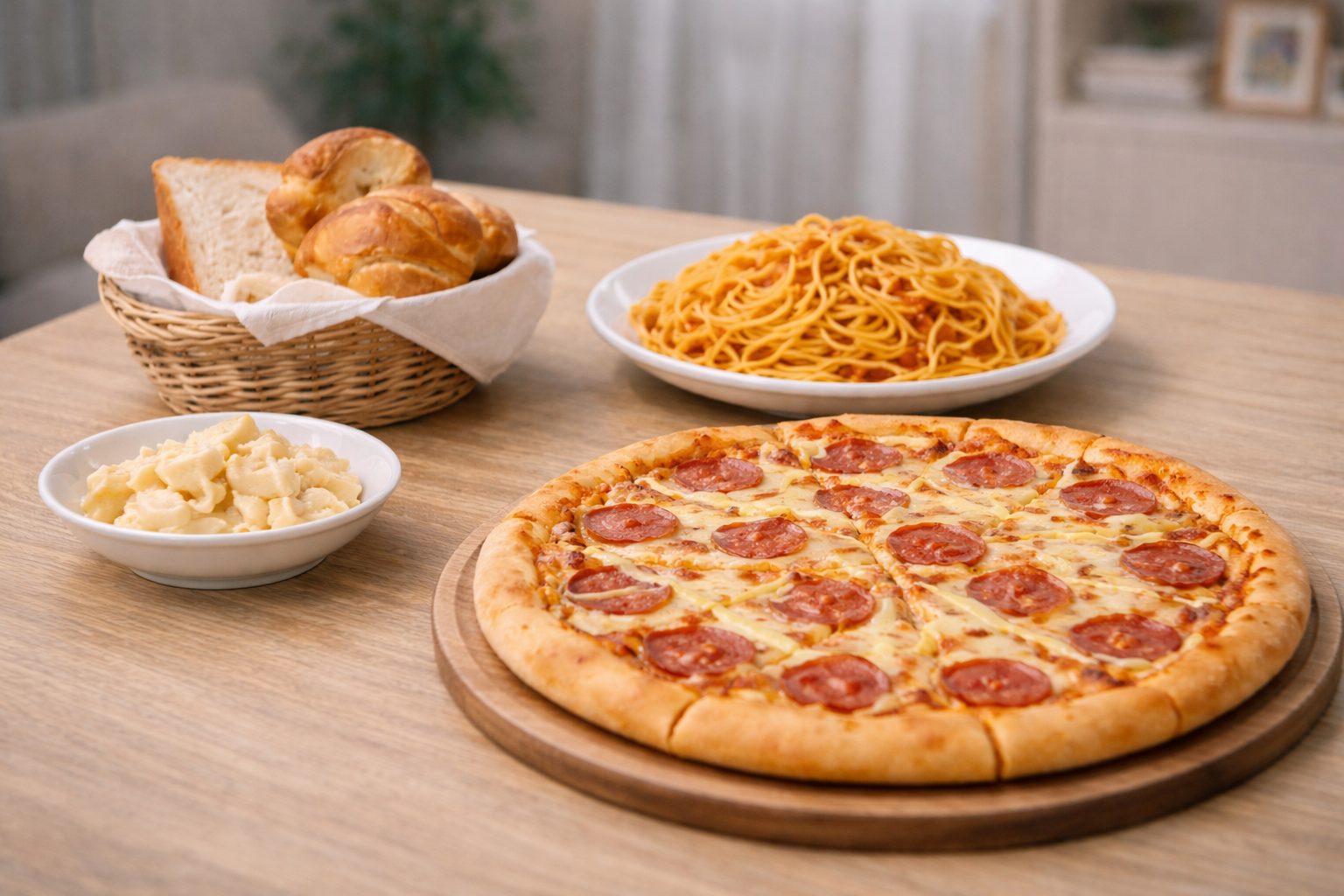 야채가 거의 없이 피자와 빵 위주로 구성된 탄수화물 중심 식사 모습