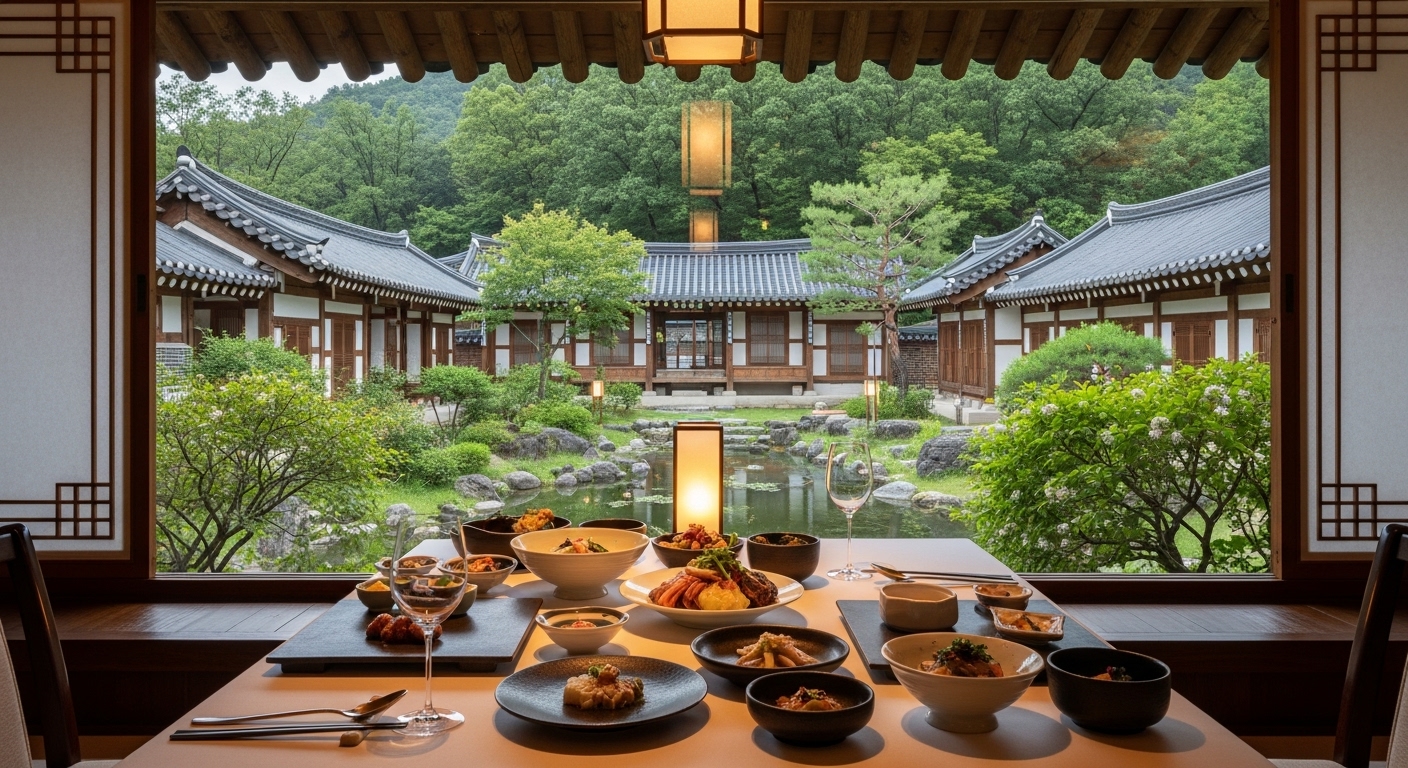 북악산 자락에 위치한 삼청각 한정식의 고급스러운 식탁과 창밖으로 보이는 고즈넉한 한옥 정원 전경.