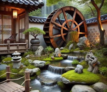 전통 한국 정원의 고요한 풍경 속 물레방아와 괴석이 조화를 이루는 장면