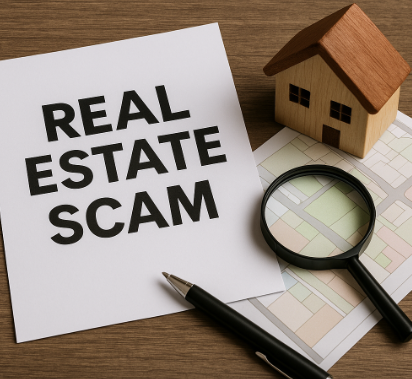 나무 책상 위에 부동산 사기 관련 서류와 돋보기, 펜, 작은 주택 모형이 놓여 있는 장면.