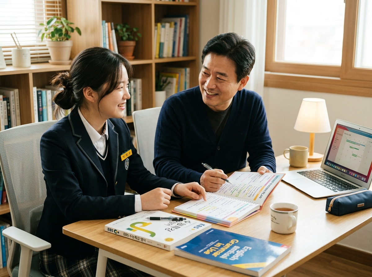 자녀의 주간 영어 학습 계획을 함께 논의하는 한국인 학부모와 고등학생