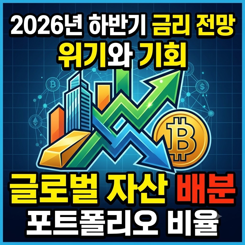 "2026년 하반기 연준 금리 전망과 글로벌 자산 배분 전략 및 포트폴리오 비율을 직관적으로 보여주는 재테크 블로그용 썸네일 이미지"