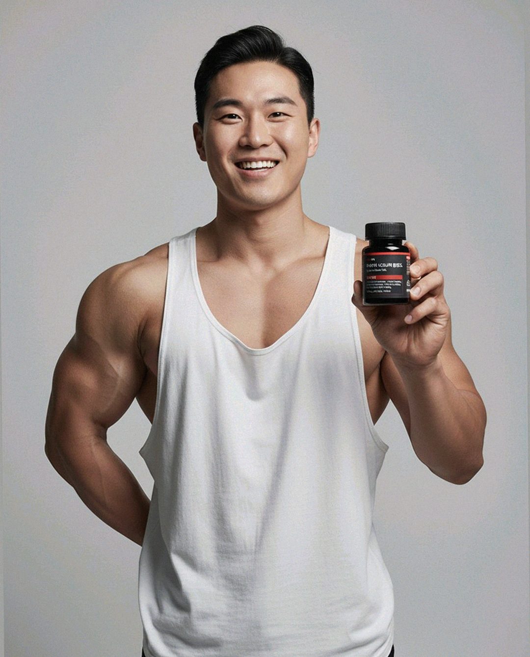 Korean Asian man eating breakfast with supplement bottle on table