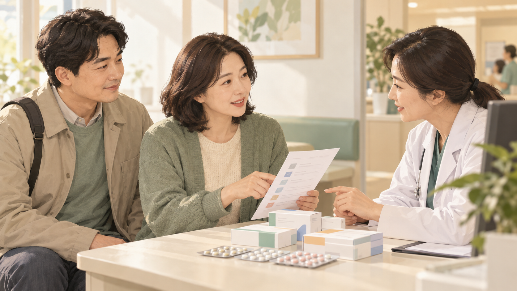성인 여성이 동행인과 함께 의료진에게 복용약 목록을 보여주며 검사 전 주의사항을 상담하는 모습.
