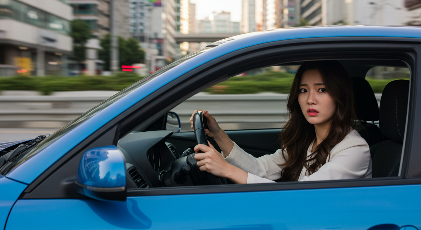 불안해하며 운전하고 있는 한국 여성 이미지
