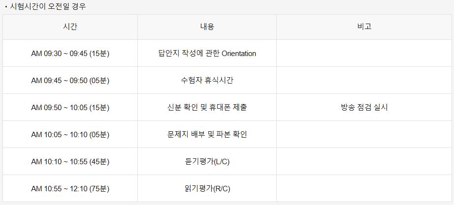 토익 시험시간이 오전일 경우 일정표