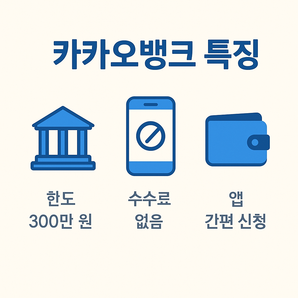 카카오뱅크 비상금대출의 주요 특징으로 한도 300만 원, 수수료 없음, 간편한 앱 신청 절차를 보여주는 인포그래픽입니다.