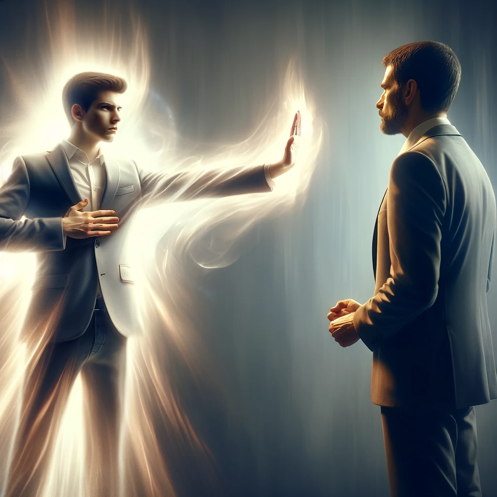 Here's the image of the scene where a person filled with the Holy Spirit boldly confronts an adversary.