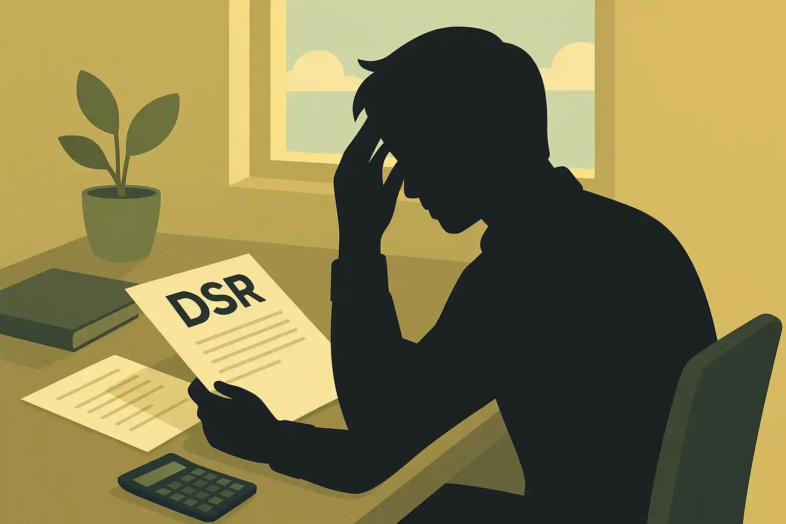 DSR 서류를 바라보며 고민하는 사람의 실루엣 일러스트