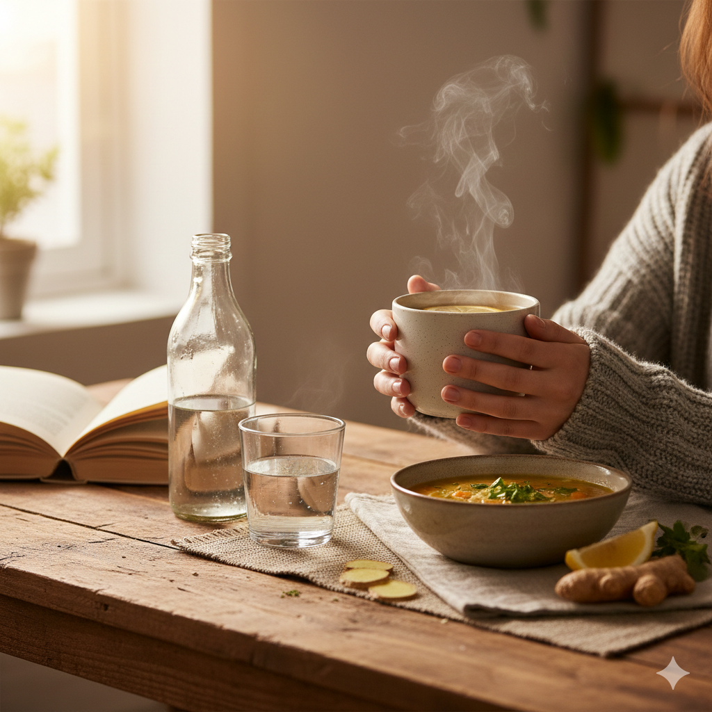 따뜻한 차 등의 수분 섭취하는 모습의 여성