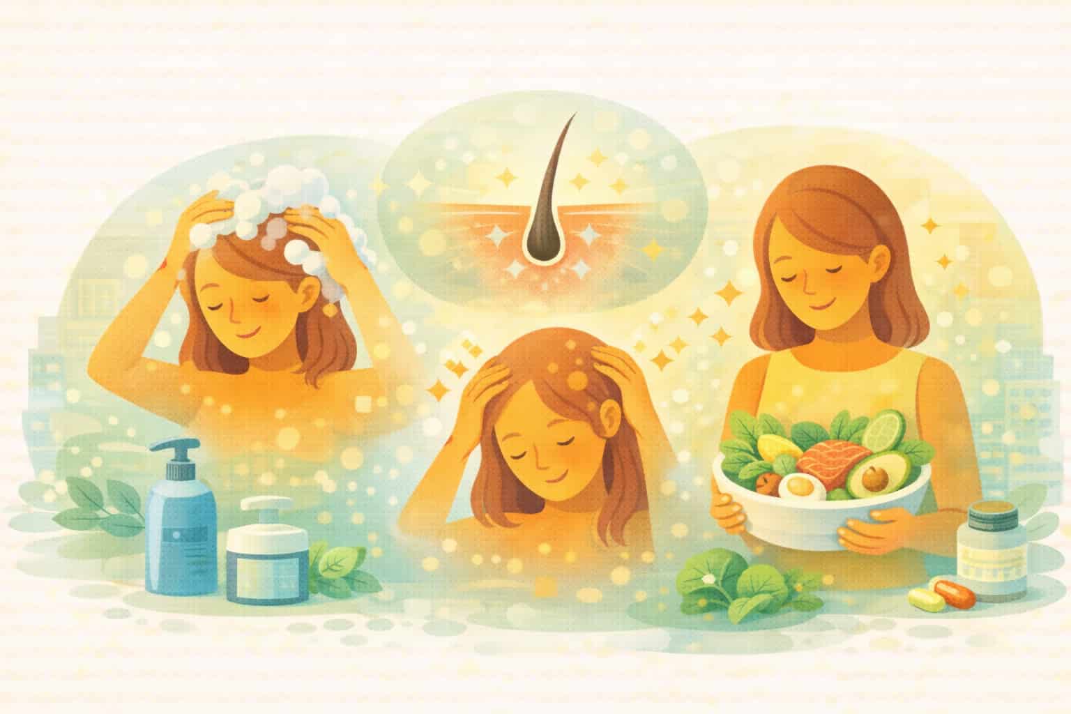 샴푸와 마사지로 두피를 관리하고 영양 섭취로 탈모를 예방하는 여성의 일러스트