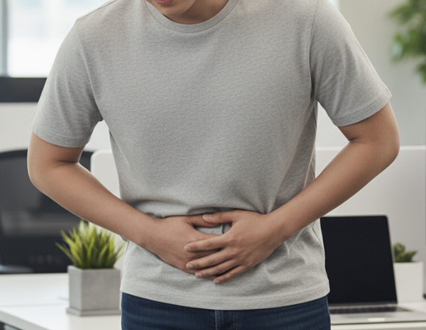 배를 움켜지고 있는 사람. 양손을 배 위에 올려놓고 있다.