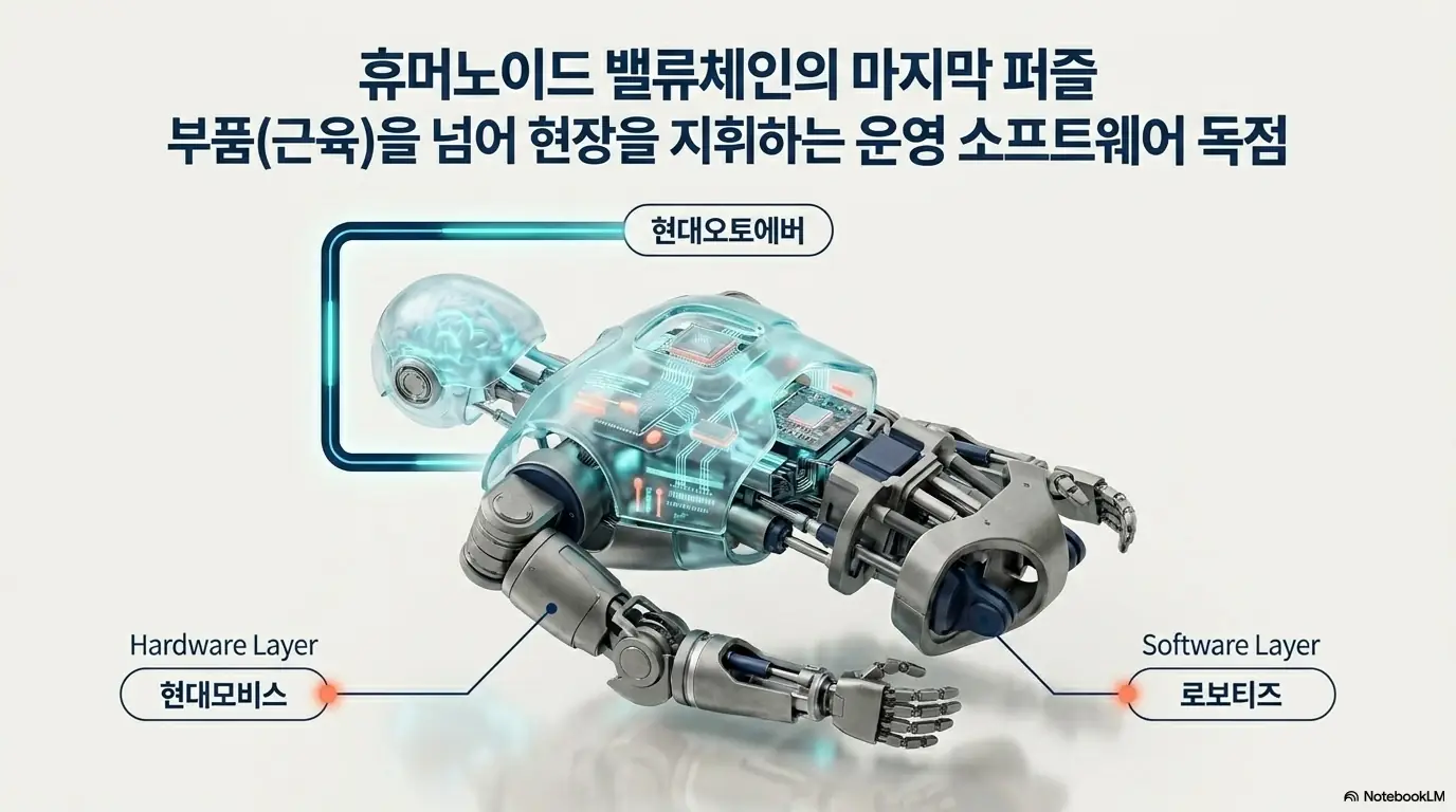 현대오토에버 주가: 휴머노이드 밸류체인에서 부품(근육)을 담당하는 현대모비스&middot;로보티즈를 넘어 현대오토에버가 현장을 지휘하는 로봇 운영 소프트웨어를 독점하는 마지막 퍼즐 위치임을 나타낸 이미지. 블로그의 현대오토에버 사업 구조와 관련된 내용을 설명함.