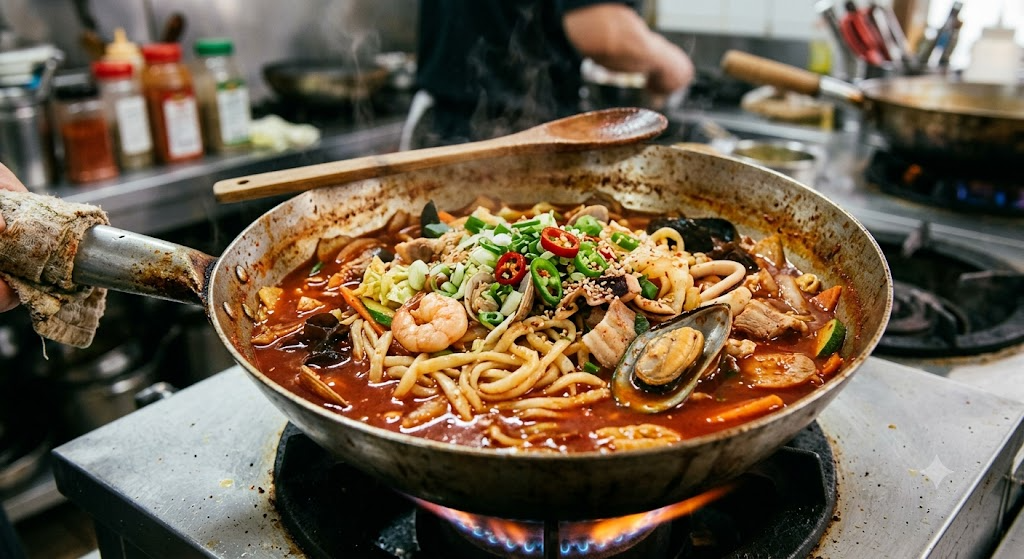 붉고 칼칼한 국물에 신선한 해산물과 알맞게 볶아진 채소가 어우러진 먹음직스러운 짬뽕의 모습입니다.