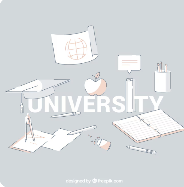 "온라인 MBA를 준비하는 학생을 위한 대학 공부 도구 일러스트 – 학사모, 노트, 연필, 세계지도 등으로 구성된 고등교육 테마 이미지"