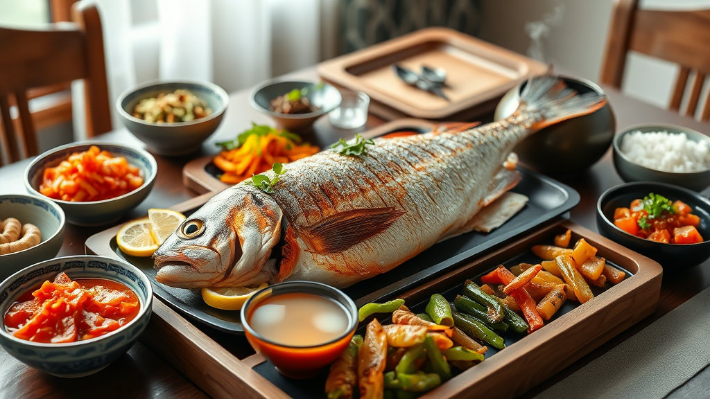 생선이 구워진 식탁