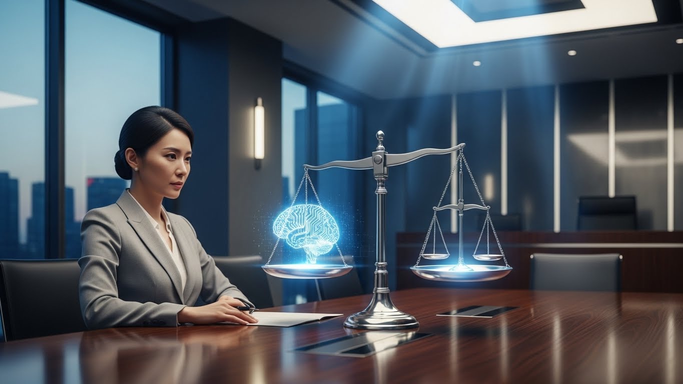 2026년 글로벌 AI 규제와 기술적 균형을 분석하며 전략을 수립하는 한국인 전문가의 모습