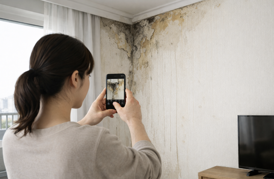 전세집 도배 전 벽 손상 사진을 촬영하는 여성 이미지