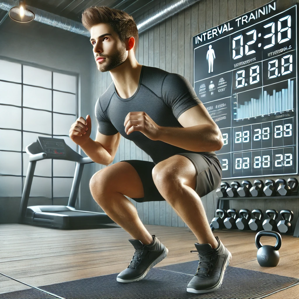 현대적인 피트니스 센터에서 인터벌 트레이닝을 수행하는 운동선수, 점프 스쿼트를 하며 집중한 표정을 짓고 있으며 배경에는 덤벨, 케틀벨, 러닝머신이 있는 체육관